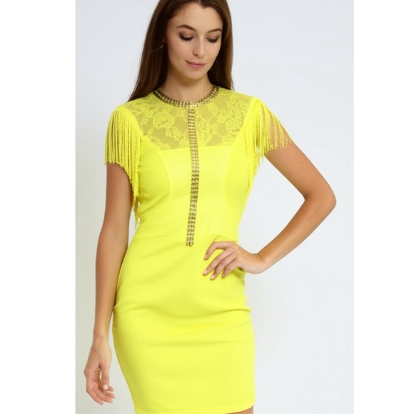 MARKED DOWN The Clothing Co Mini Cocktail Dress Glam Yellow Embellished Fringe - Picture 4 of 9